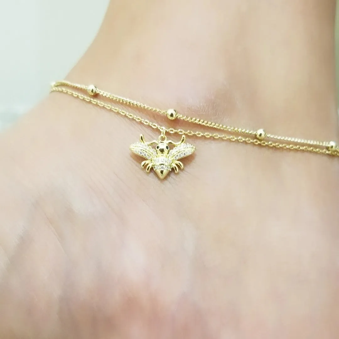 14k Gold Filled Honey Bee Charm Two Layers Anklet