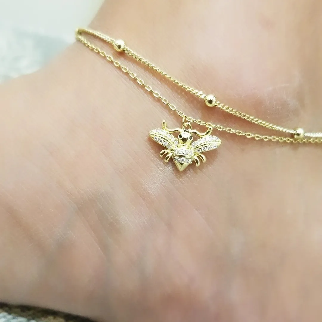 14k Gold Filled Honey Bee Charm Two Layers Anklet