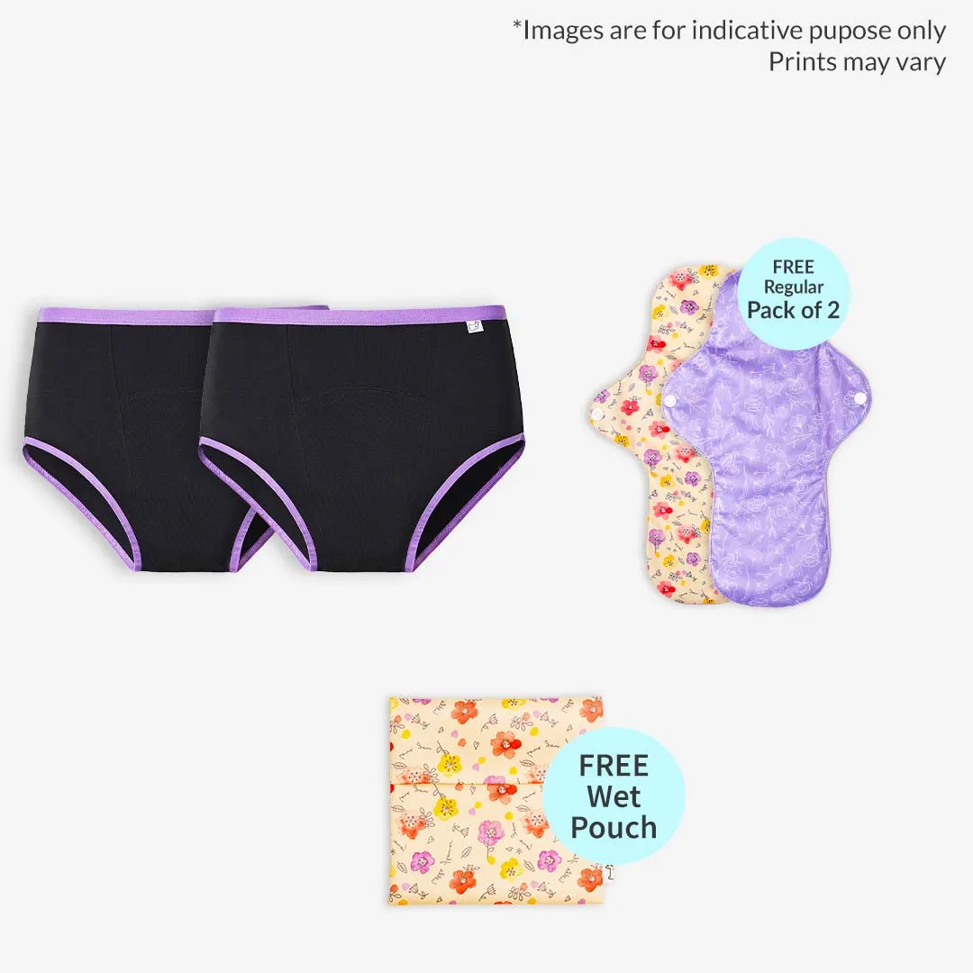 2 Period Underwear + 2 Flow Lock Cloth Pads + Free Wet Pouch