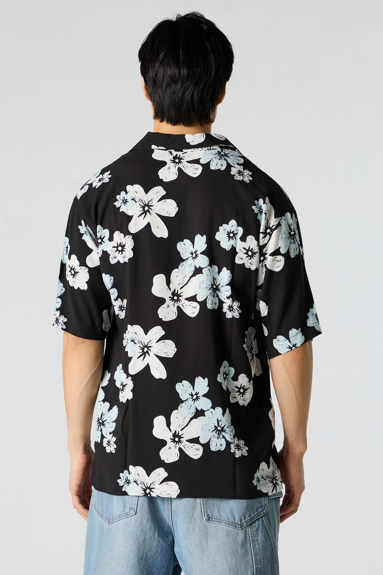 Black Floral Print Short Sleeve Button-Up Top