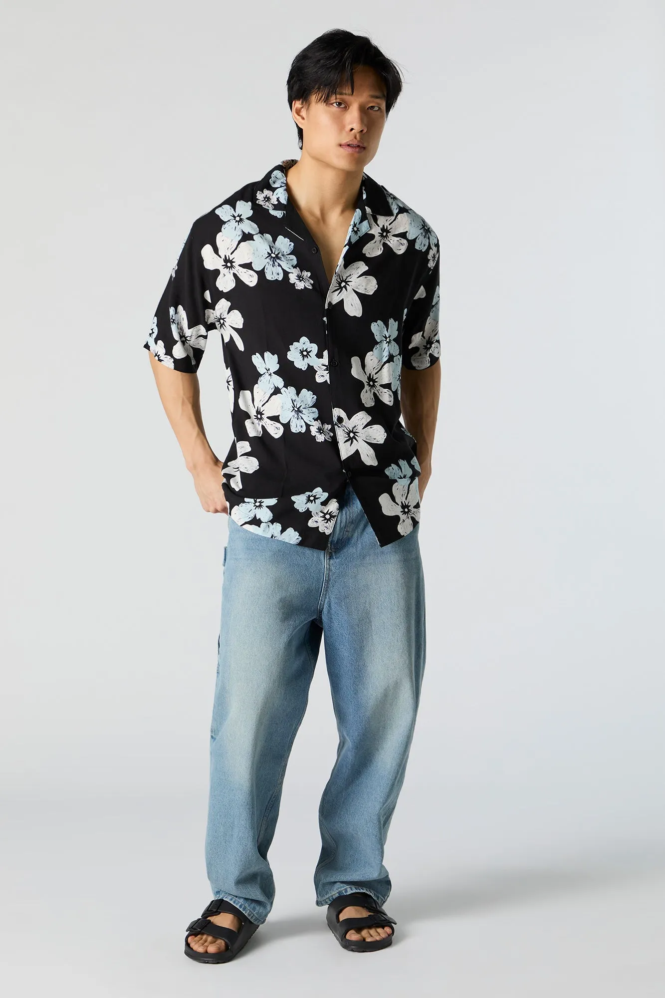 Black Floral Print Short Sleeve Button-Up Top