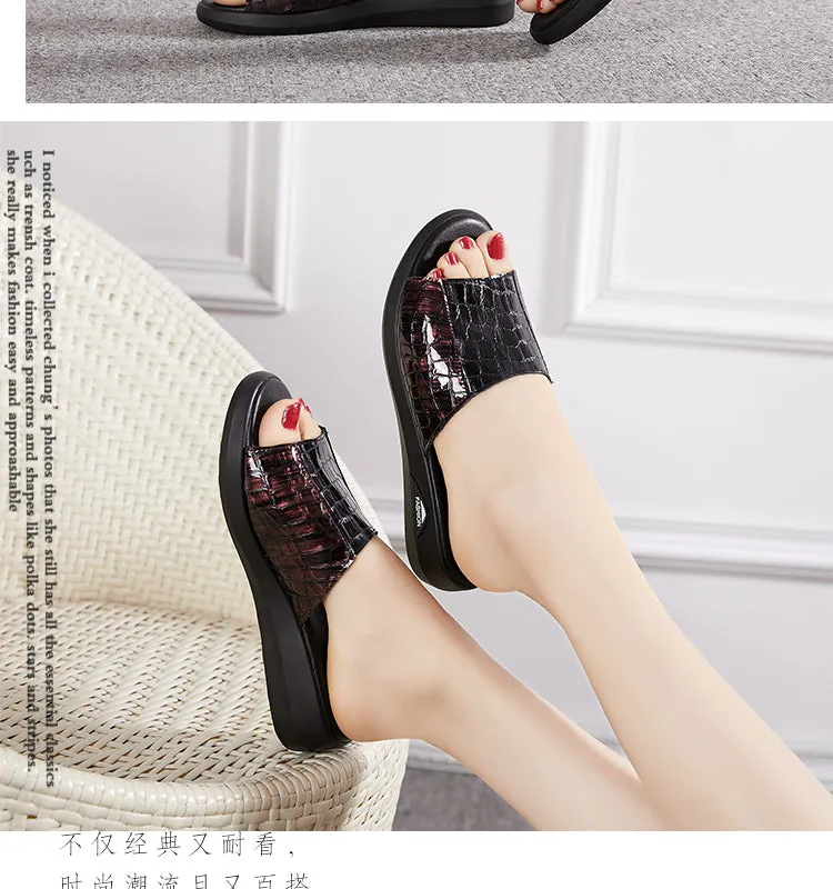 Casual Summer Style Genuine Leather Solid Wedges Flip Slipper for Women