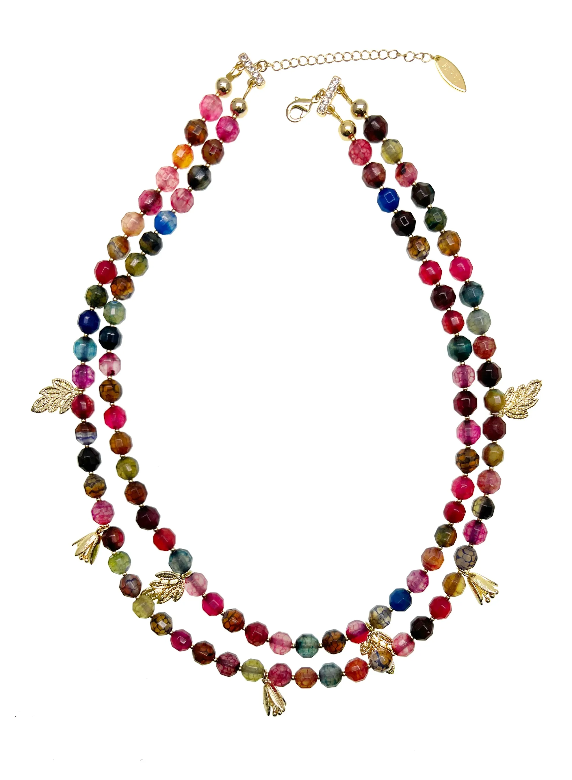 Double Layers Colorful Agate Necklace with Flower and Leaves Charms JN006