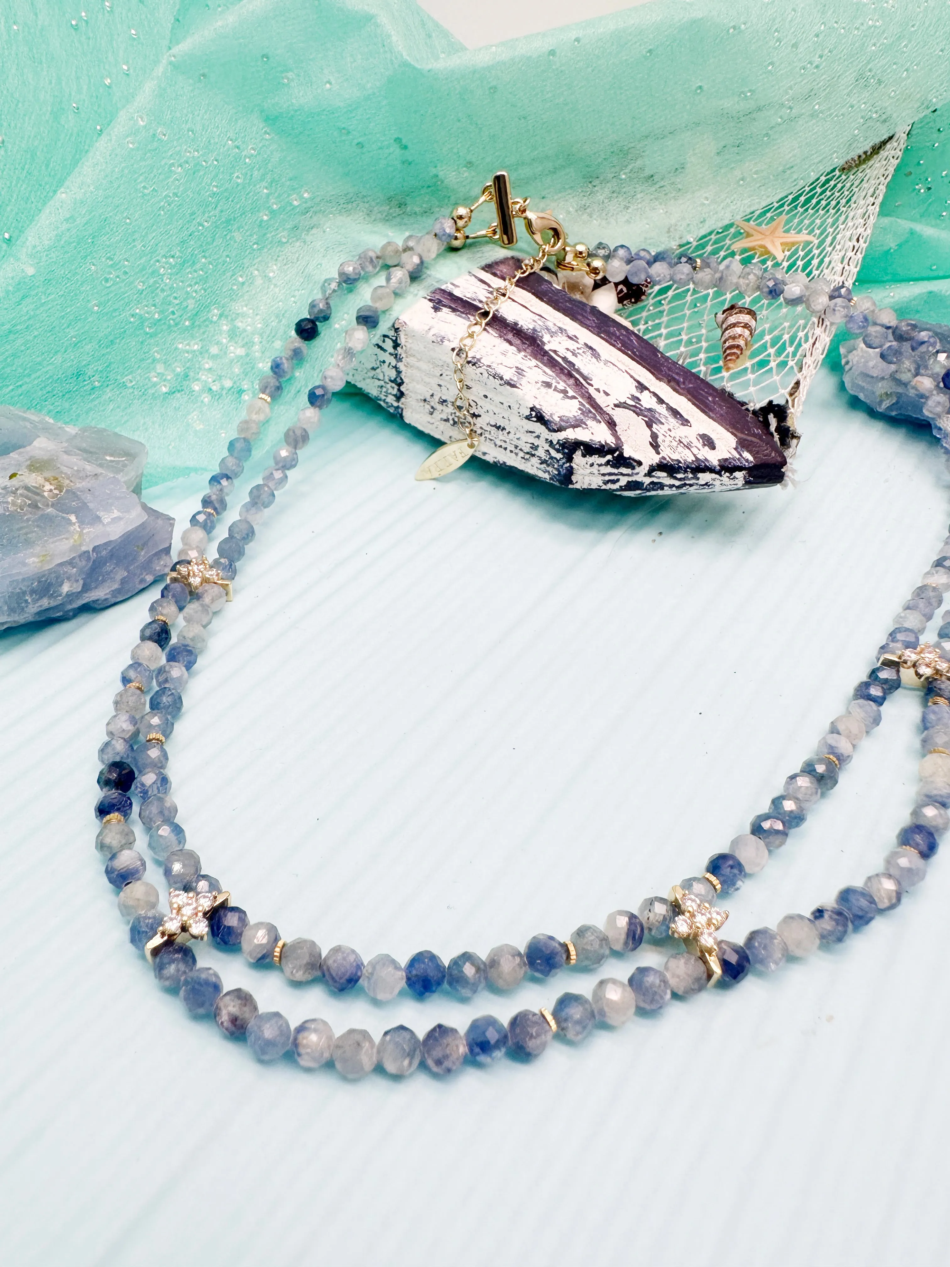 Double Layers Faceted Blue Kyanite with Zircon Stone Collar Necklace LN030