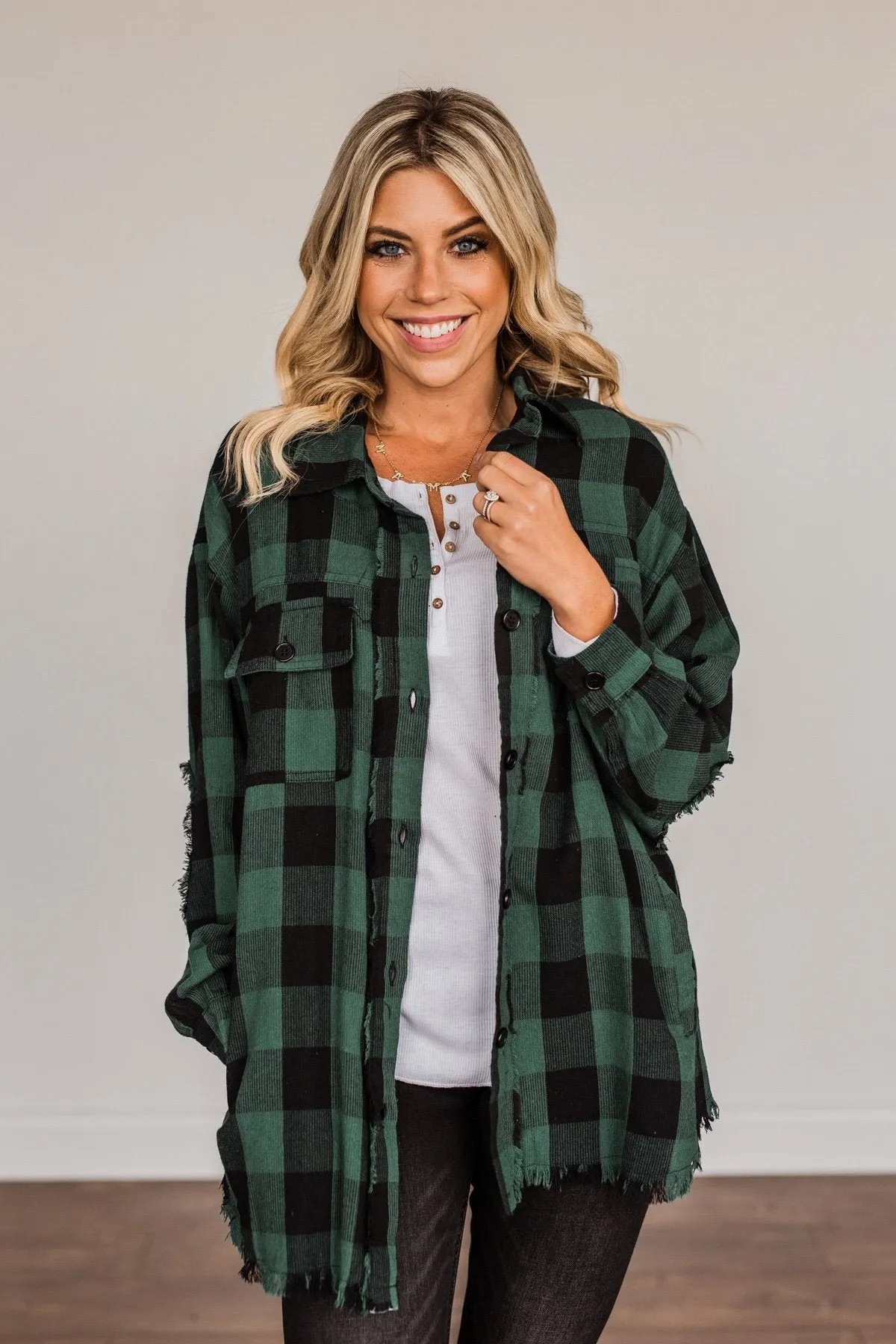 Feeling Rugged Plaid Button-Up- Black & Hunter Green