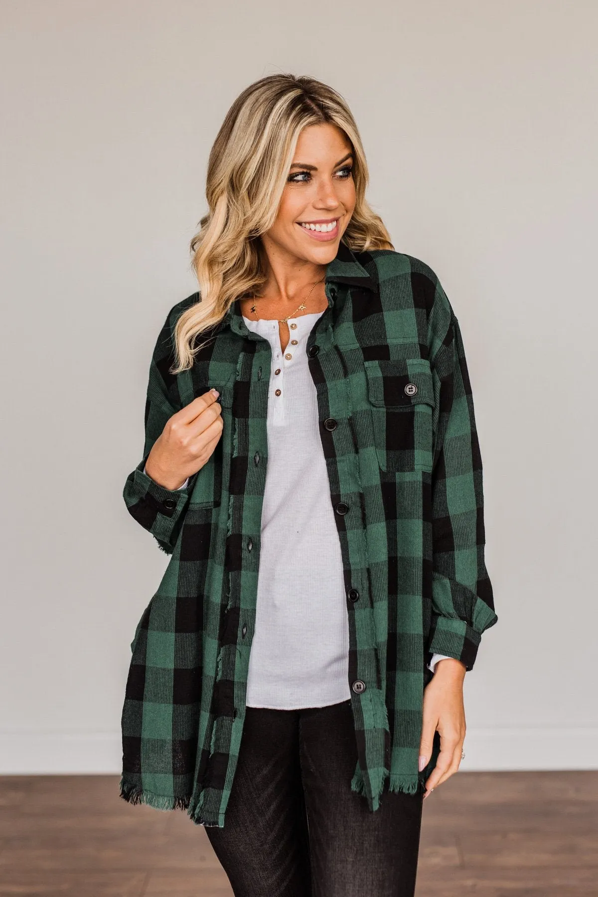 Feeling Rugged Plaid Button-Up- Black & Hunter Green