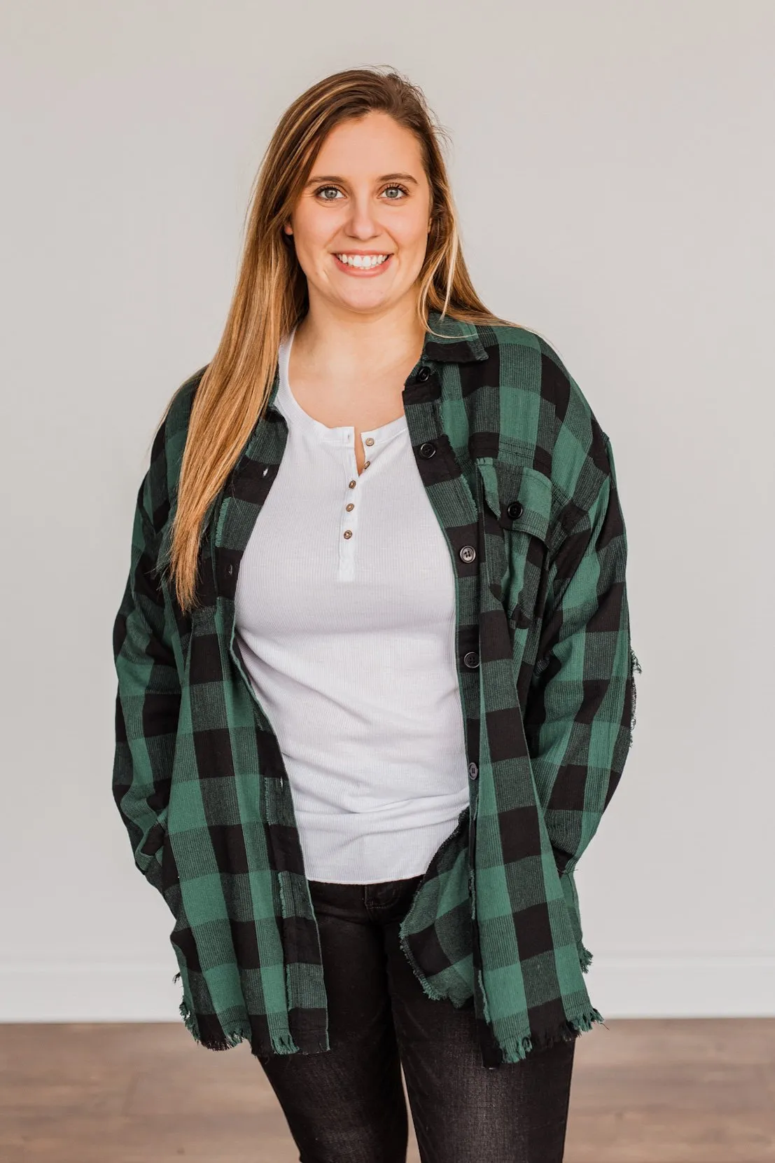 Feeling Rugged Plaid Button-Up- Black & Hunter Green