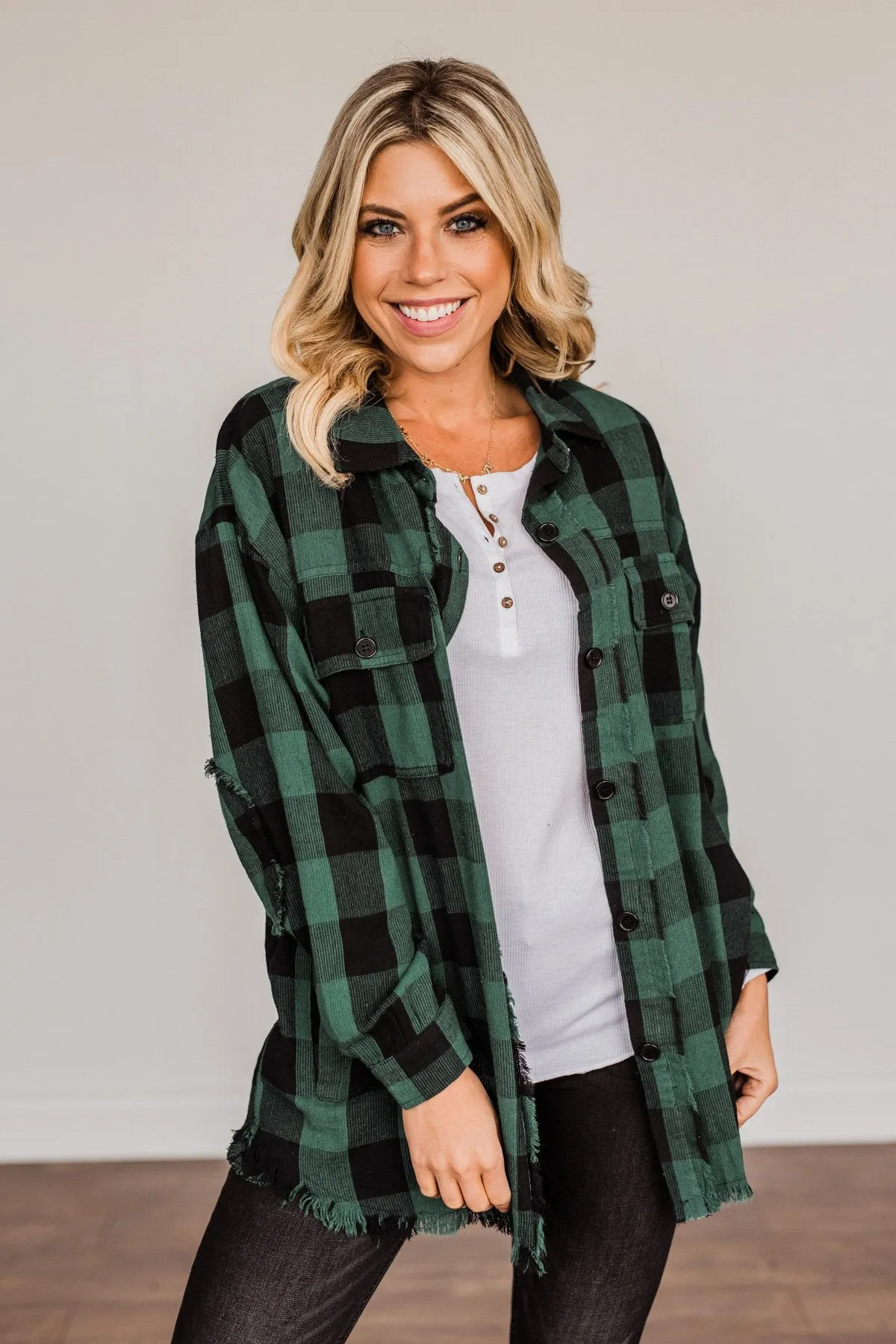 Feeling Rugged Plaid Button-Up- Black & Hunter Green