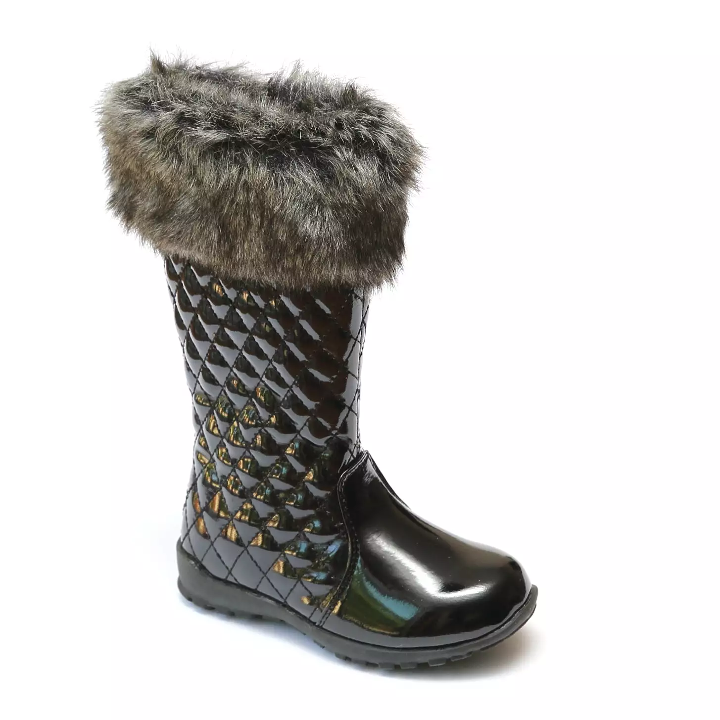 FINAL SALE - L'Amour Girls Patent Black Faux Fur Cuff Boots