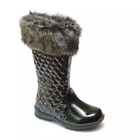 FINAL SALE - L'Amour Girls Patent Black Faux Fur Cuff Boots