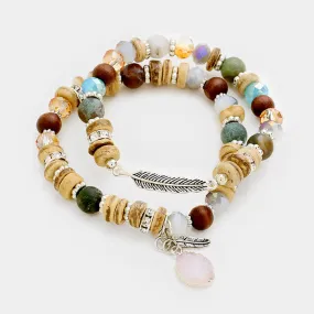 iLLASPARKZ 2 Layers Leaf Wood Semi Precious Druzy Stretch Bracelet