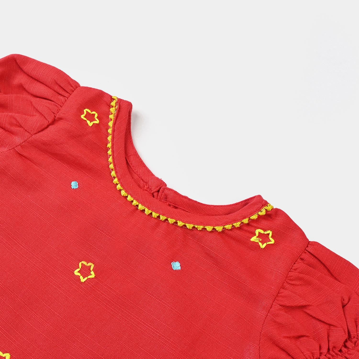 Infant Girls Cotton Slub Embroidered Kurti Pretty-Red