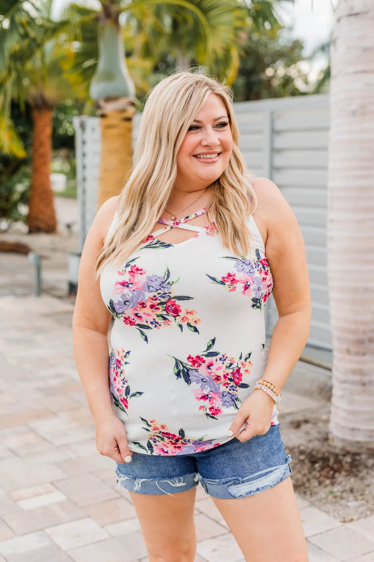 Living In Paradise Floral Criss-Cross Tank- Ivory