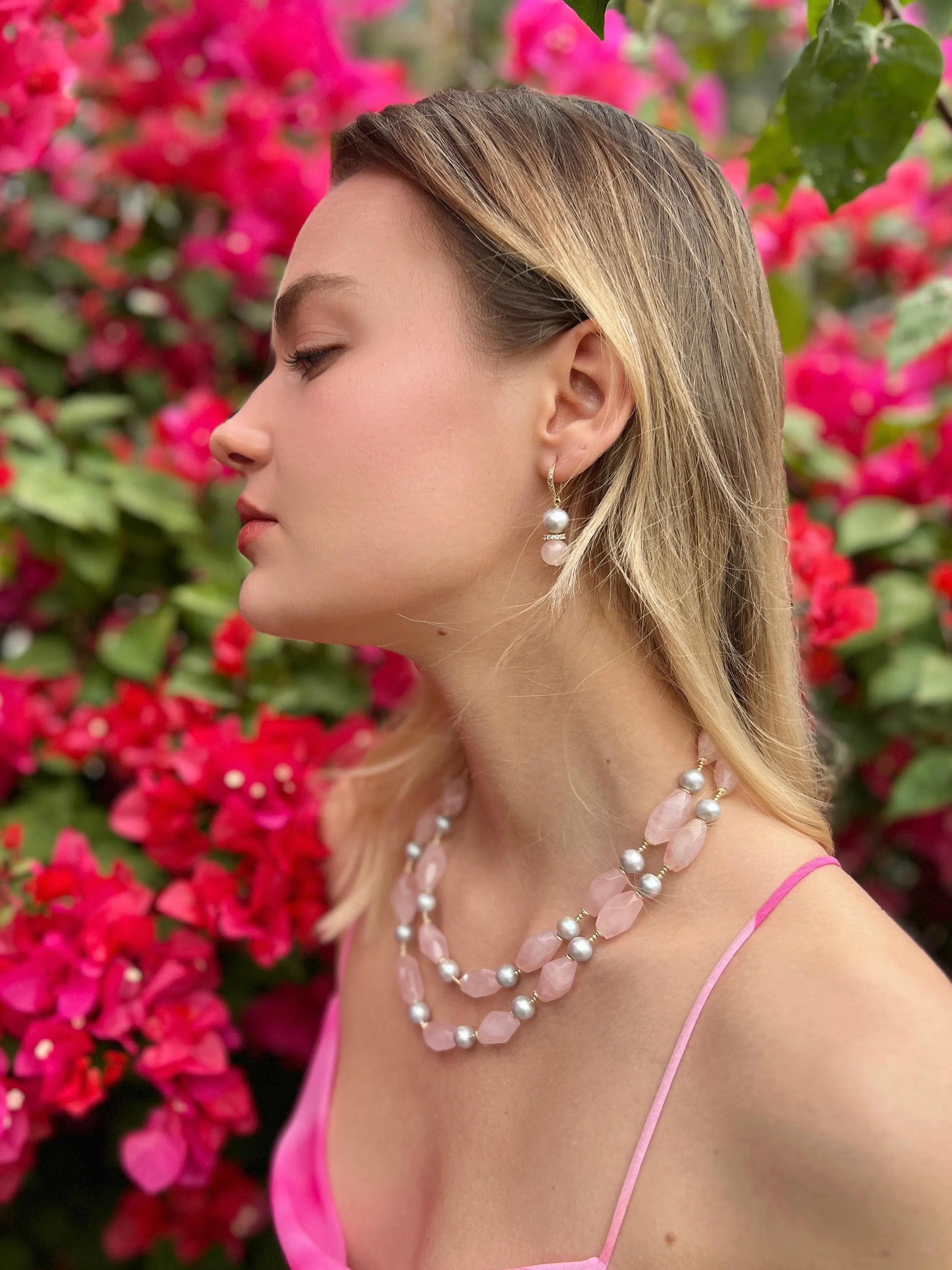 Pink Rose Quartz and Gray Freshwater Pearls Double Layers Necklace LN007