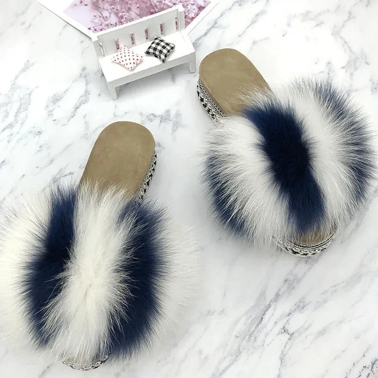 Retro Summer Real Fluffy Fur Rivets Platform House Slippers for Women