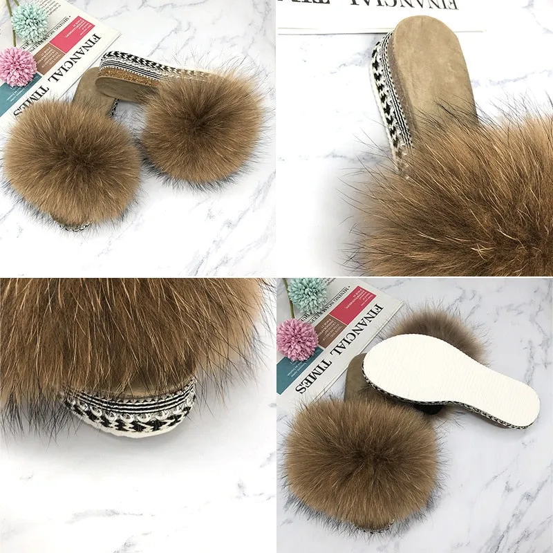 Retro Summer Real Fluffy Fur Rivets Platform House Slippers for Women