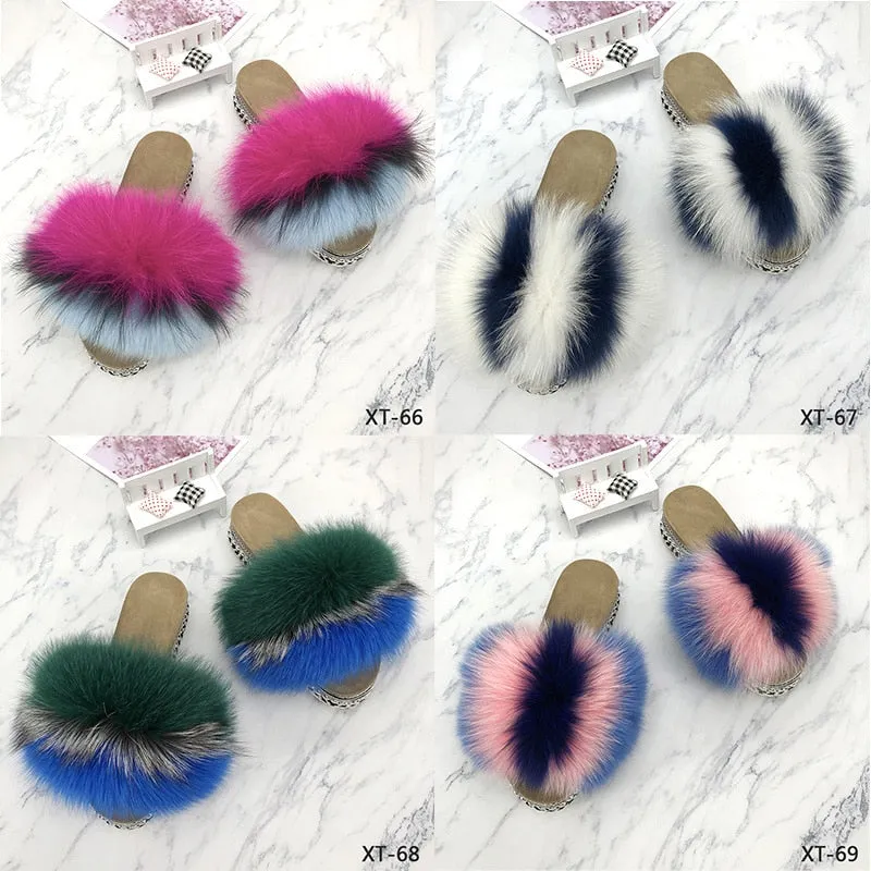 Retro Summer Real Fluffy Fur Rivets Platform House Slippers for Women