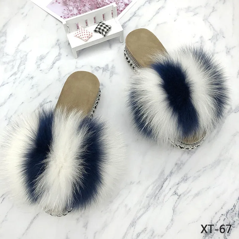 Retro Summer Real Fluffy Fur Rivets Platform House Slippers for Women