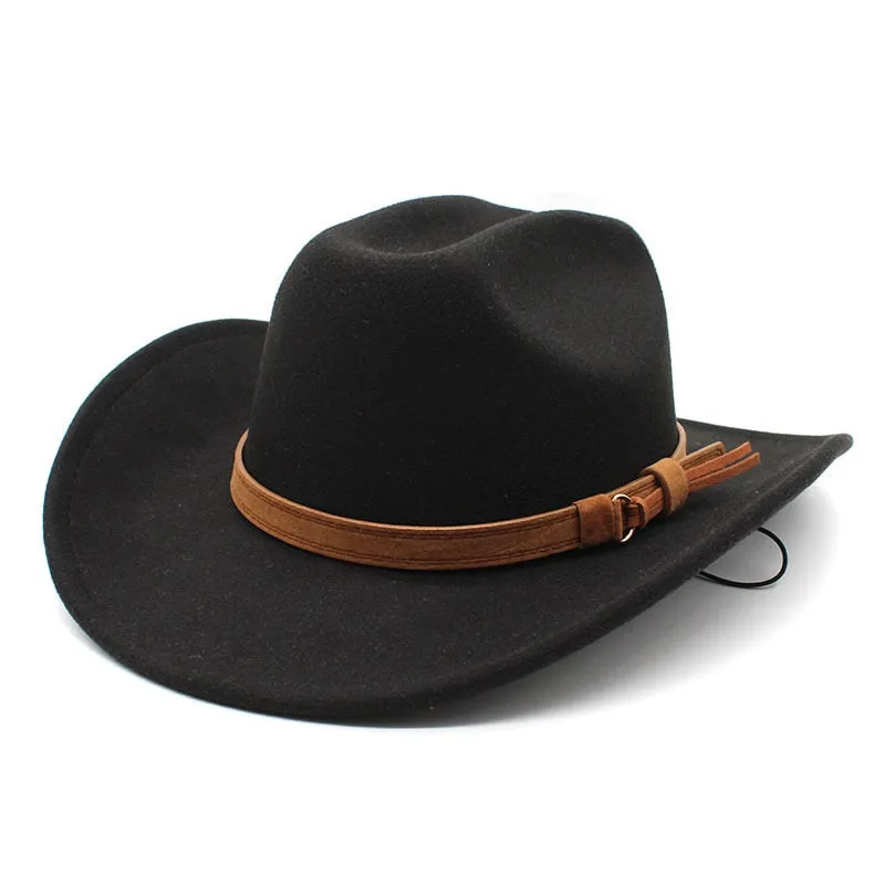 Unisex Winter Western Wide Brim Belt Buckle Decor Felt Cowboy Jazz Hat