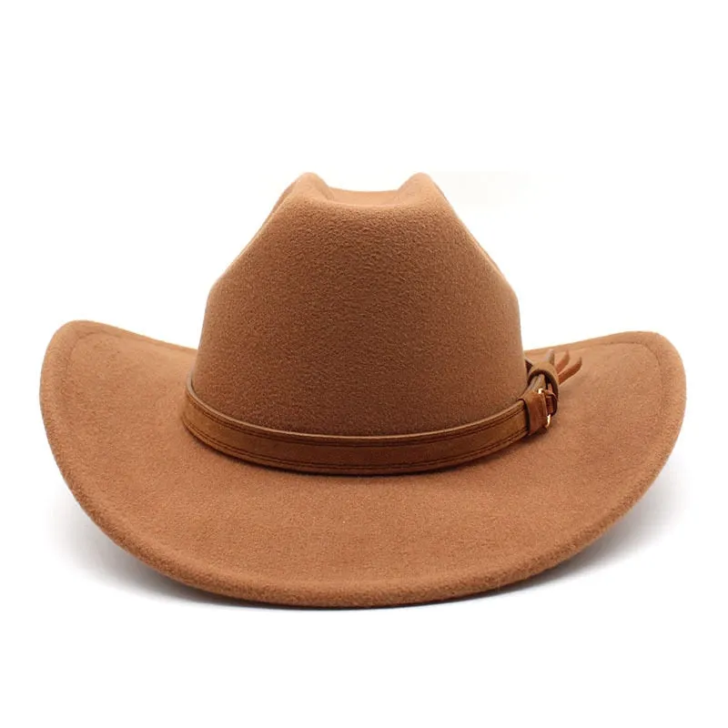 Unisex Winter Western Wide Brim Belt Buckle Decor Felt Cowboy Jazz Hat