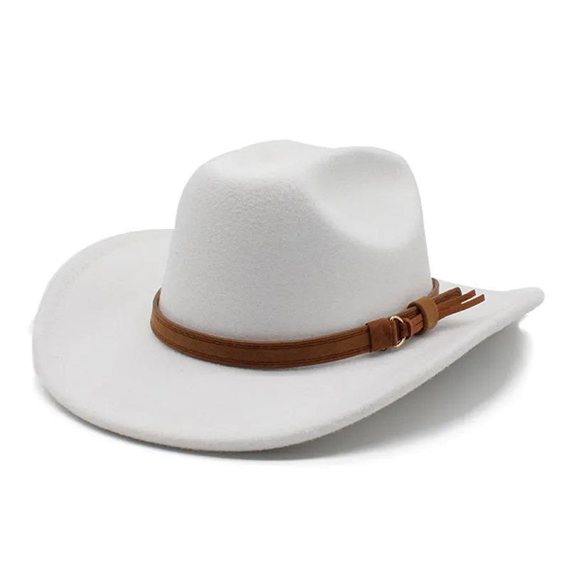 Unisex Winter Western Wide Brim Belt Buckle Decor Felt Cowboy Jazz Hat