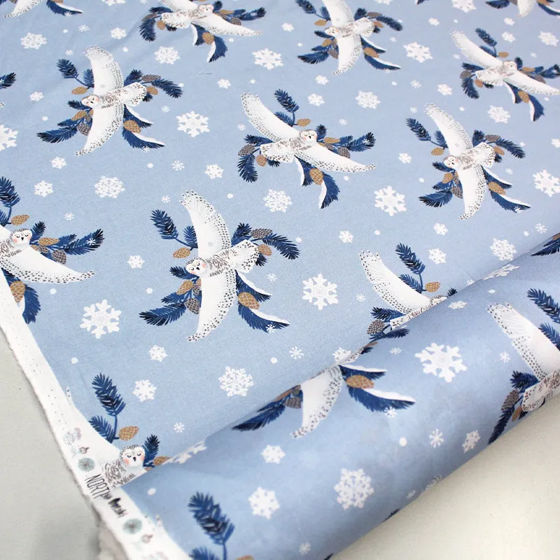 Wintery Printed Cotton - Pale Blue - Owls