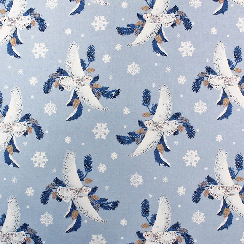 Wintery Printed Cotton - Pale Blue - Owls