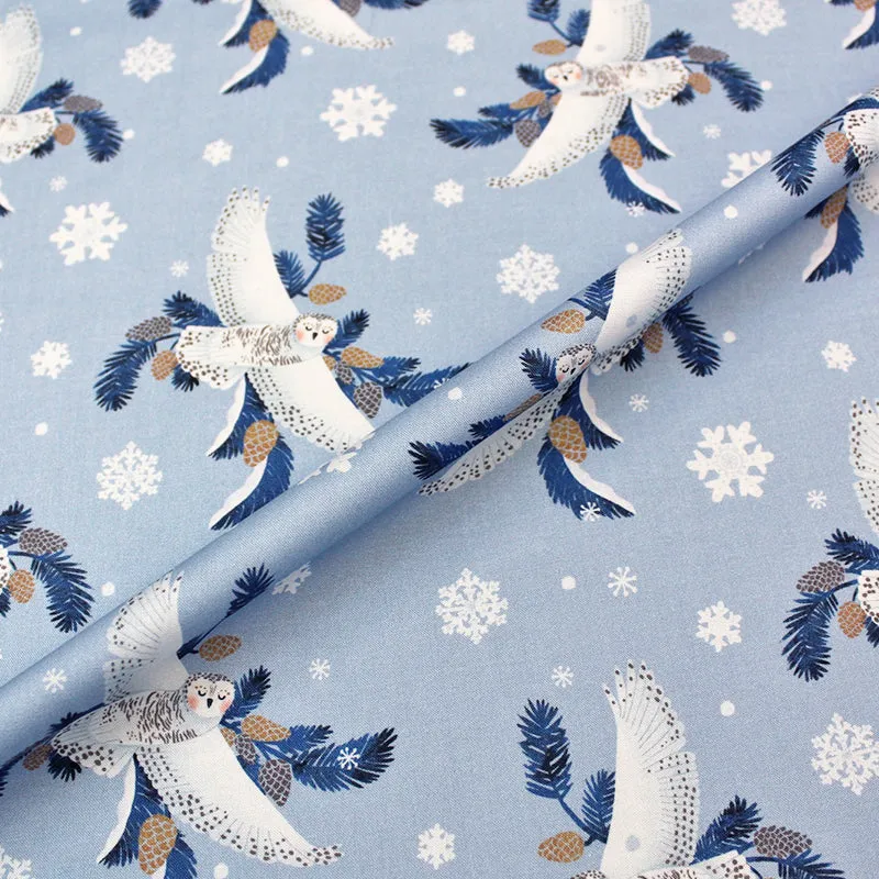 Wintery Printed Cotton - Pale Blue - Owls