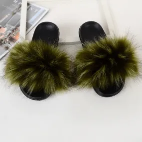 Women's Army Green Summer Synthetic Fur Fluffy Furry Slides House Slippers