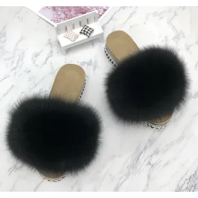 Women's Black Color Summer Real Fur Rivets Platform House Slippers