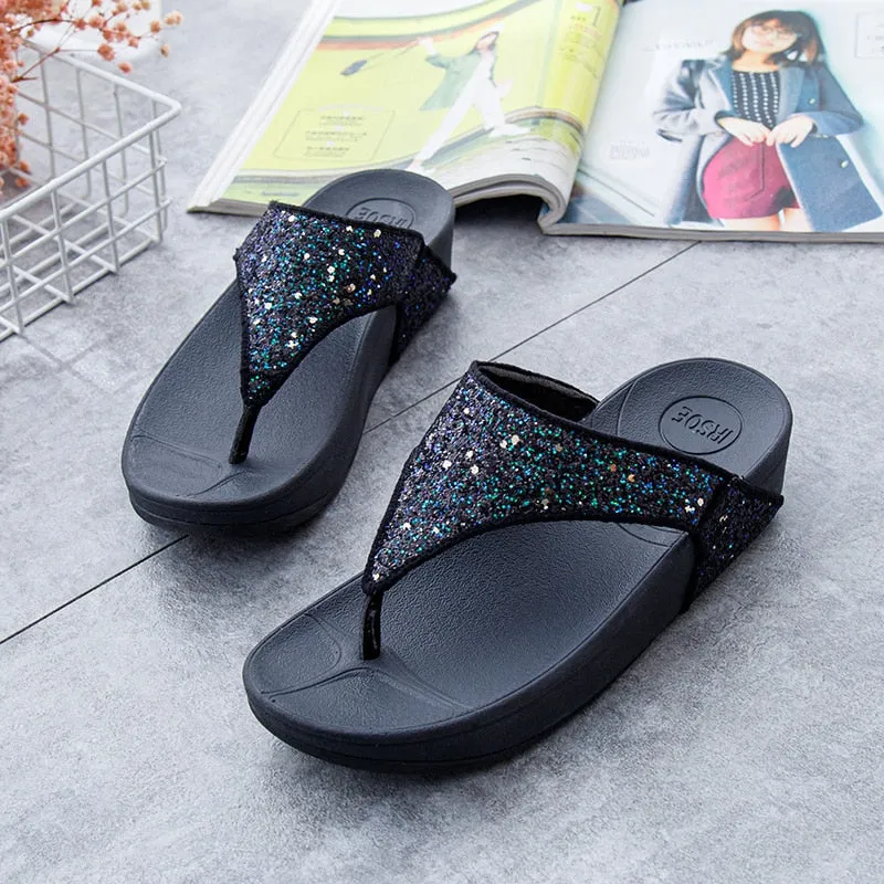 Women's Black Fashion Summer Crystal Diamond Gem Flat Slippers