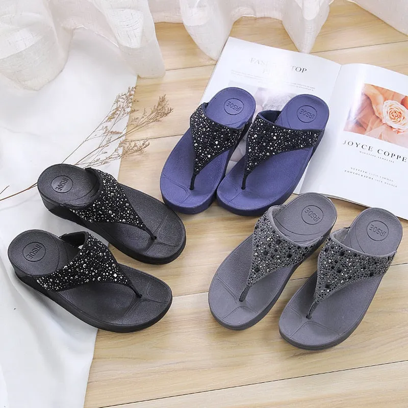 Women's Black Fashion Summer Crystal Diamond Gem Flat Slippers