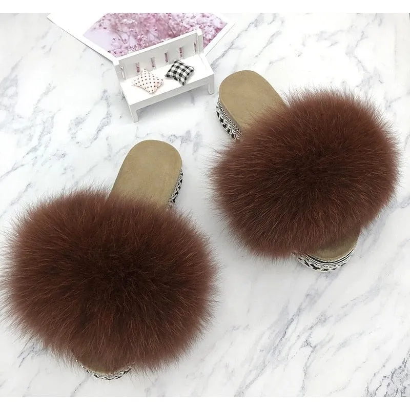 Women's Caramel Summer Real Fur Rivets Platform House Slippers