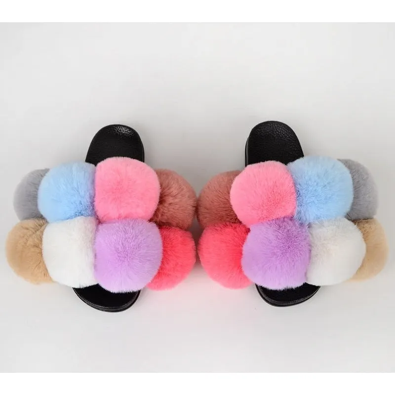 Women's Fashion Fluffy Summer Synthetic Fur Slides Slippers Flip Flop Slippers