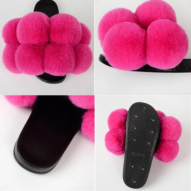 Women's Fashion Fluffy Summer Synthetic Fur Slides Slippers Flip Flop Slippers