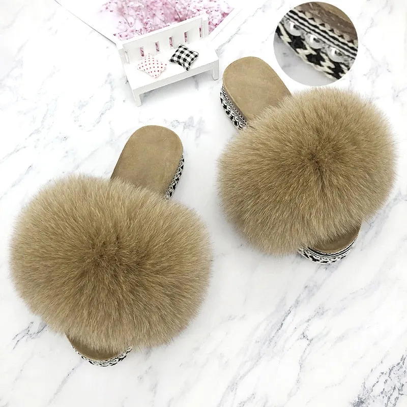 Women's Khaki Summer Real Fur Rivets Platform Slides House Slippers