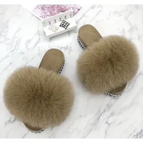 Women's Khaki Summer Real Fur Rivets Platform Slides House Slippers