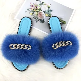 Women's Royal Blue Fluffy Fur Soft Slide Flip Flop Indoor Slippers