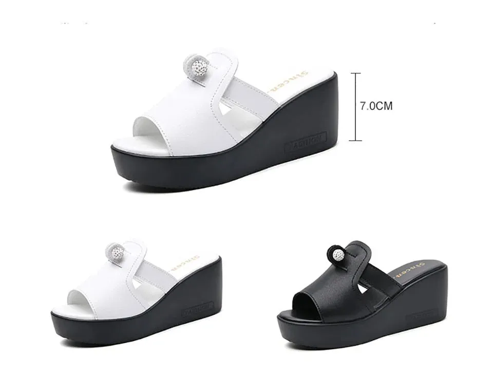 Women's Solid Summer Outdoor String Bead Flip Flop Wedge Slippers