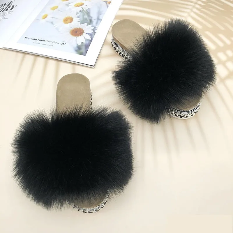 Women's Summer Black Color Synthetic Fur Rivet Platform House Slippers