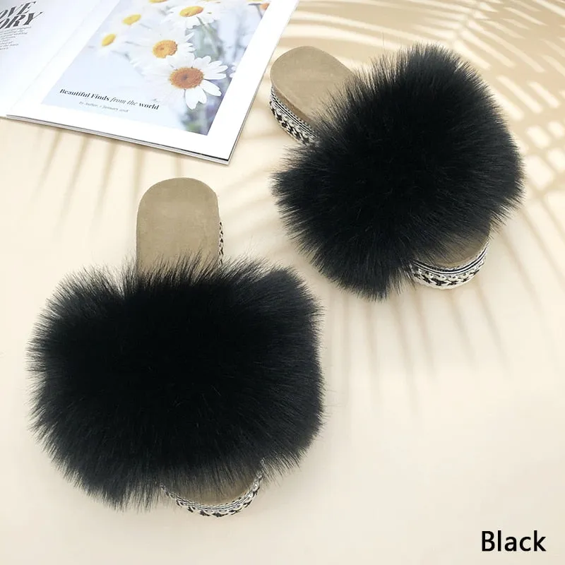 Women's Summer Black Color Synthetic Fur Rivet Platform House Slippers