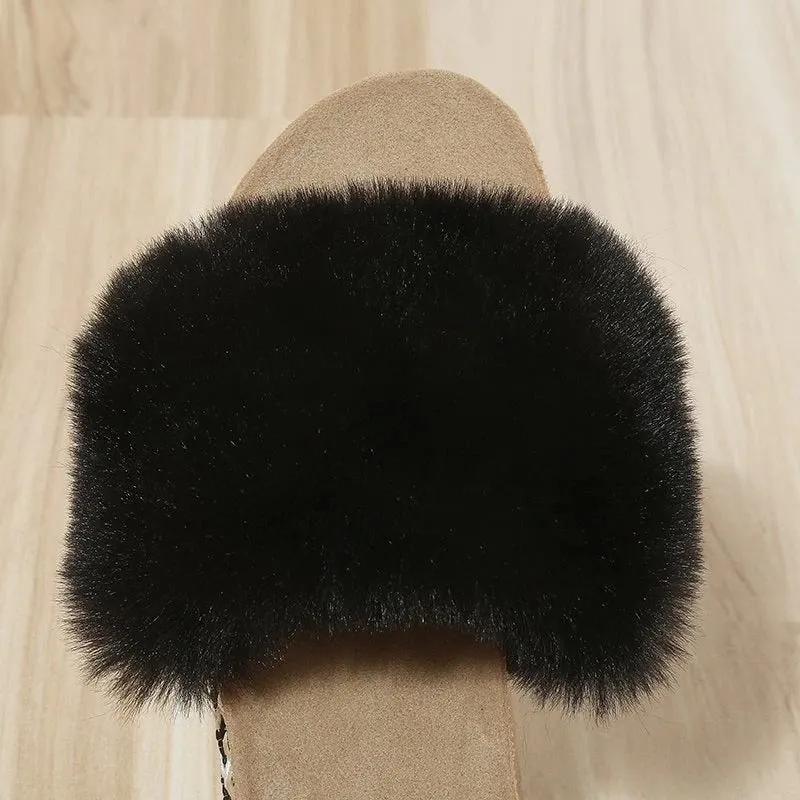 Women's Summer Black Color Synthetic Fur Rivet Platform House Slippers