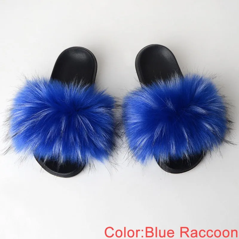 Women's Summer Blue Synthetic Fur Slides Flip Flops House Slippers