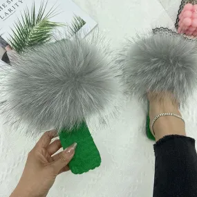 Women's Summer Cotton Fluffy Real Fur Slides Flat House Slippers