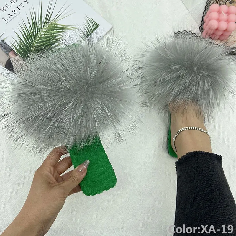 Women's Summer Cotton Fluffy Real Fur Slides Flat House Slippers