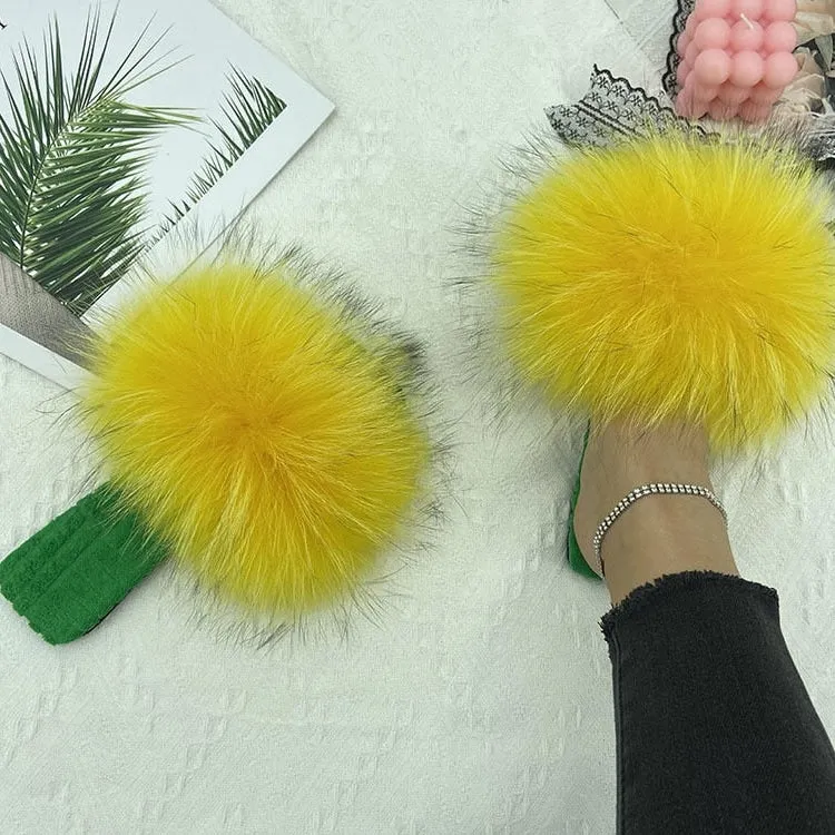 Women's Summer Fluffy Natural Fur Slides Flat Cotton House Slippers