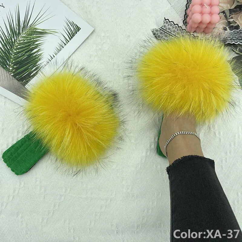 Women's Summer Fluffy Natural Fur Slides Flat Cotton House Slippers