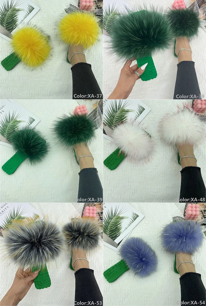 Women's Summer Fluffy Natural Fur Slides Flat Cotton House Slippers