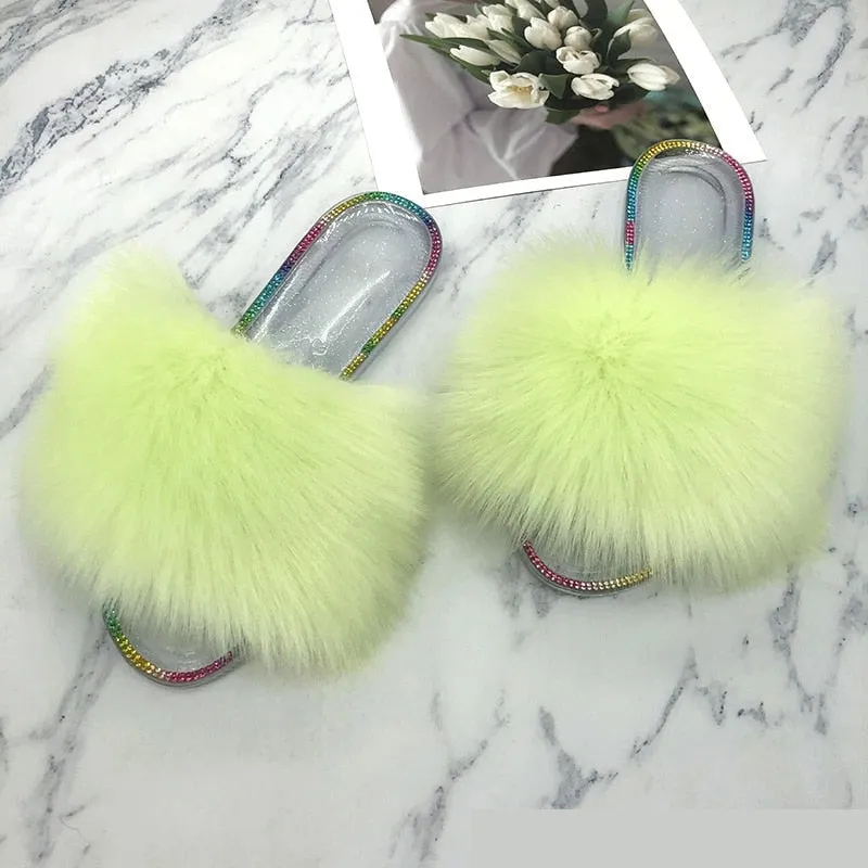 Women's Summer Fluorescent Yellow Synthetic Fur Slides House Slippers