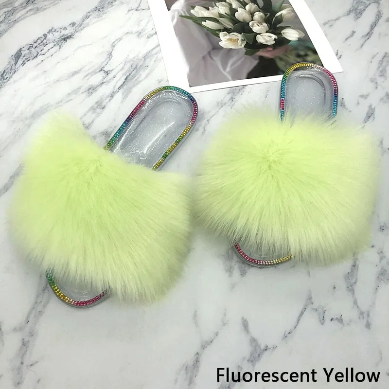 Women's Summer Fluorescent Yellow Synthetic Fur Slides House Slippers